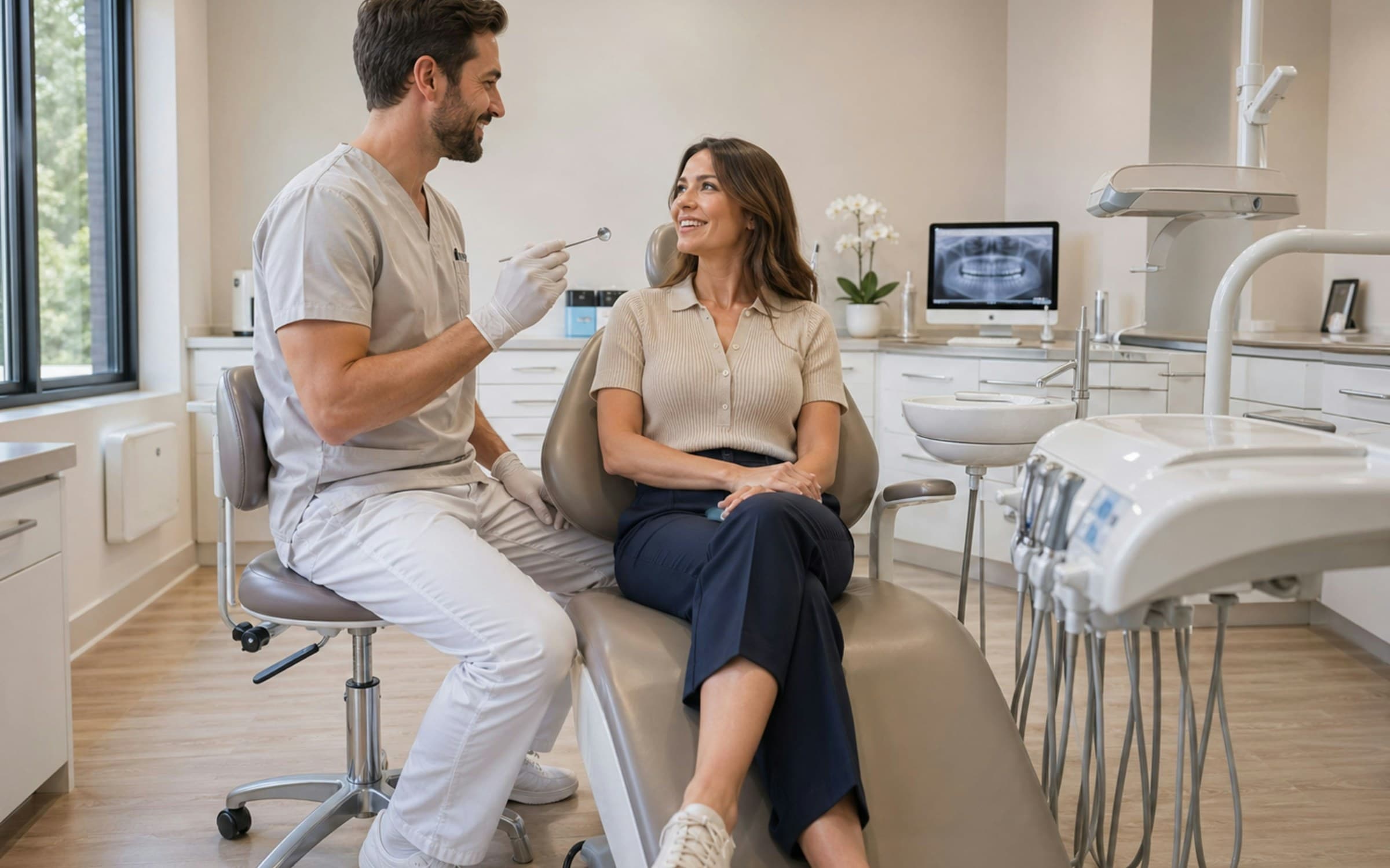 A dentist and patient smiling together during a check-up at a One Dental World office